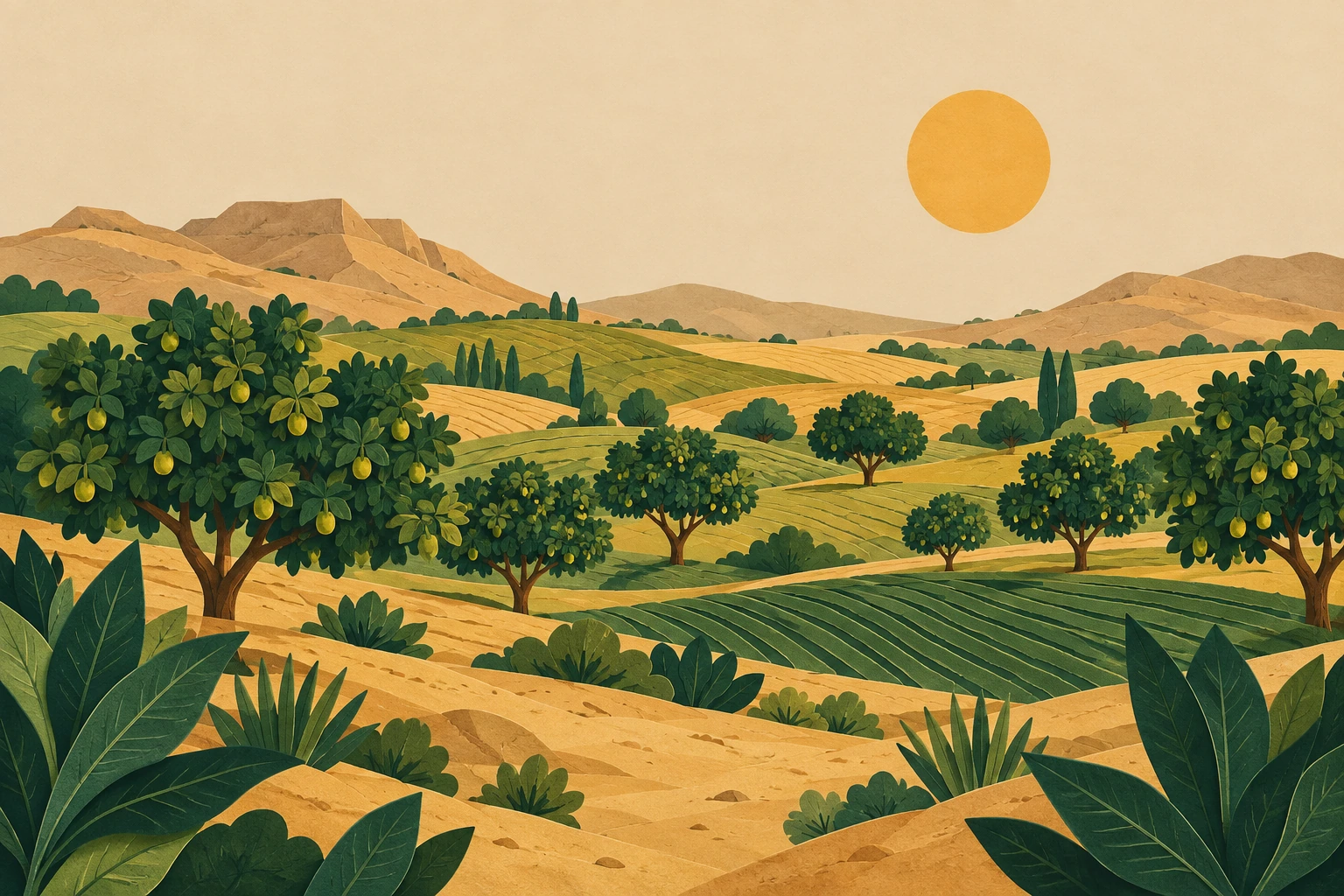 Illustrated landscape representing RKSB Agro’s farming vision