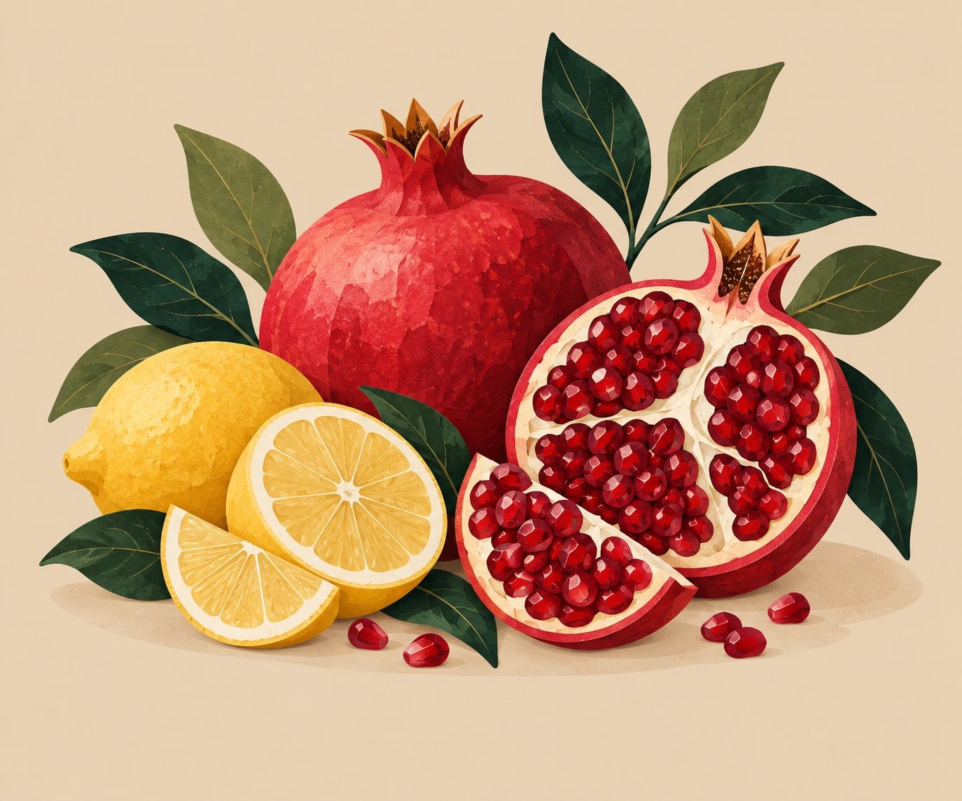 Botanical illustration of pomegranate and lemon