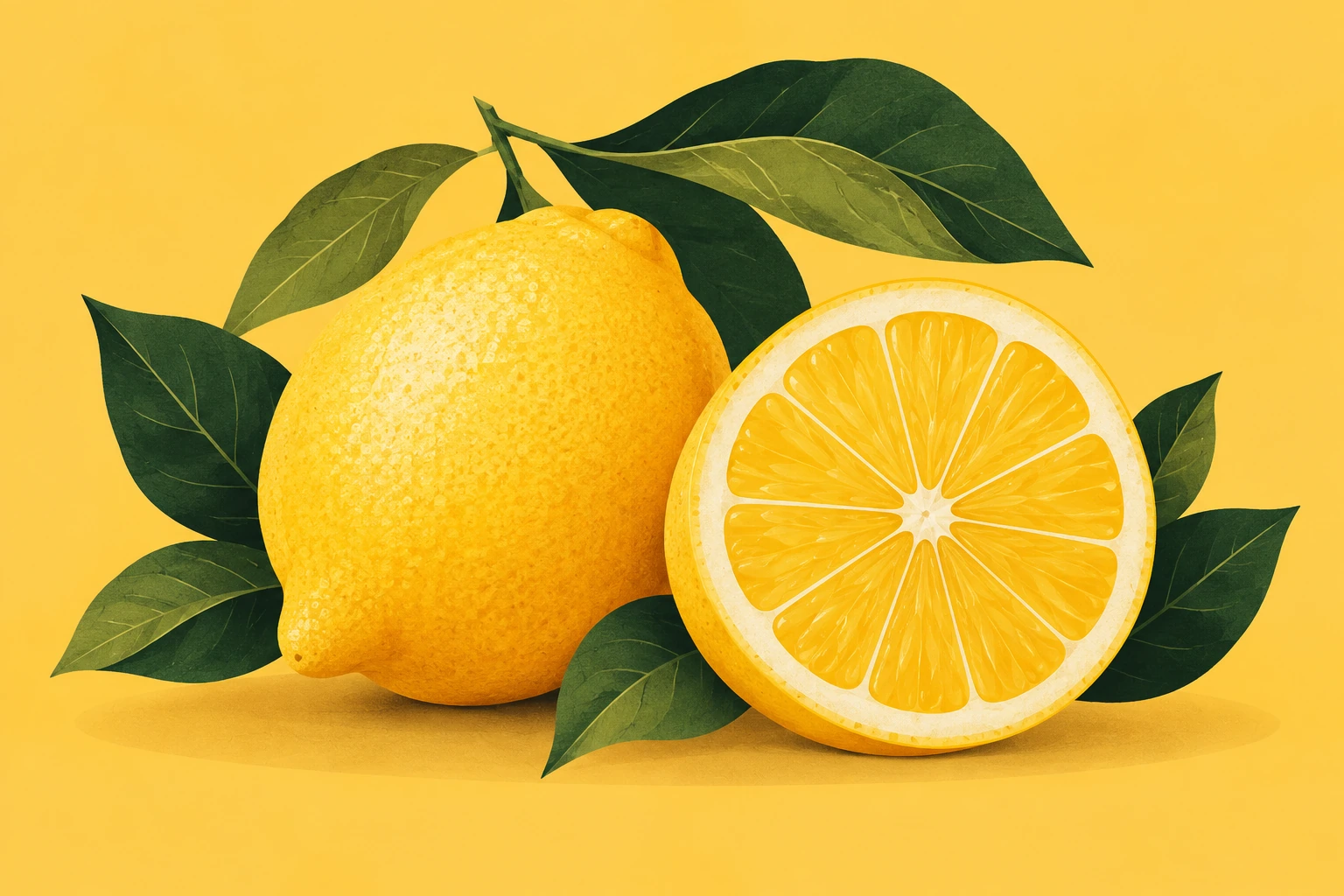 Botanical illustration of whole and sliced lemon