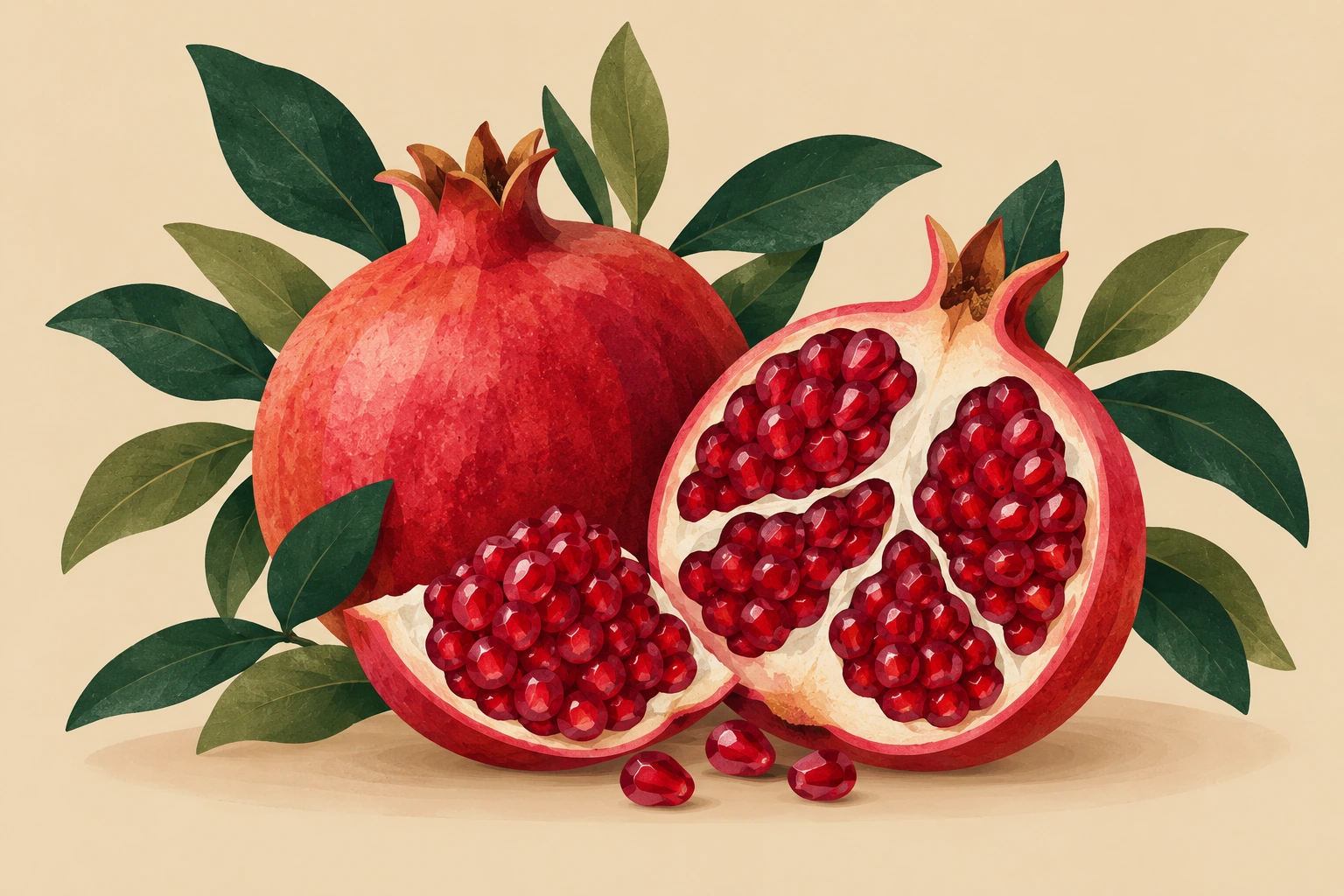 Botanical illustration of whole and sliced pomegranate
